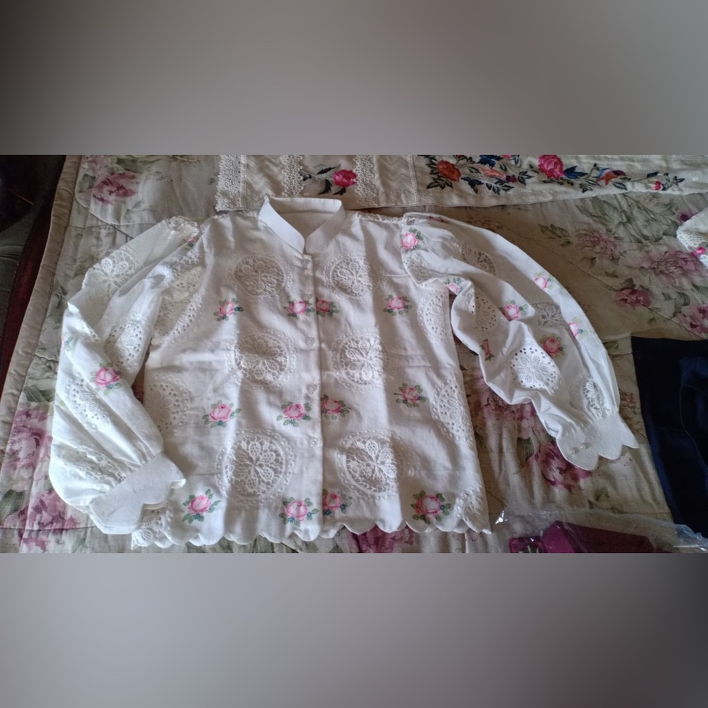 Hand painted, cotton self embroidered shirt.